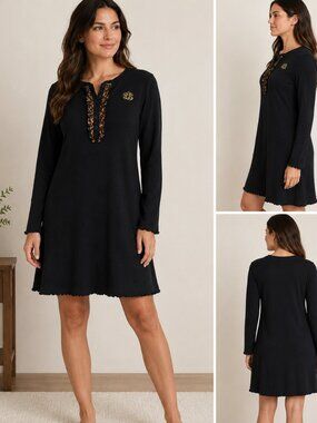 Lauren Ralph Lauren T-Shirt Dress Black Henley Leopard Ruffle Trim Lounge L